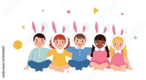 Children wearing bunny ears sitting together happily.
