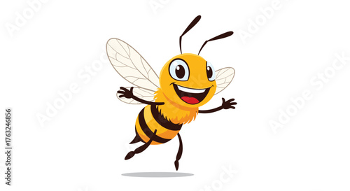 Happy cartoon bee flying with open arms and smiling.