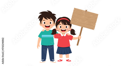 Two smiling children holding a blank sign together.
