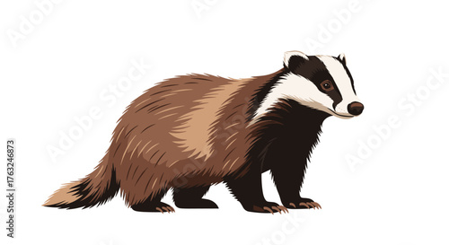 European badger standing in full view on white background.
