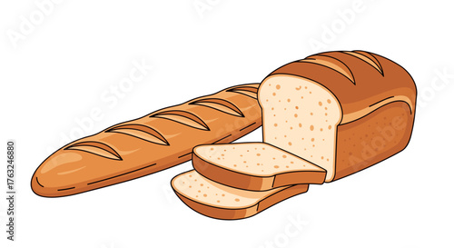 Freshly baked bread loaf and baguette ready for consumption.