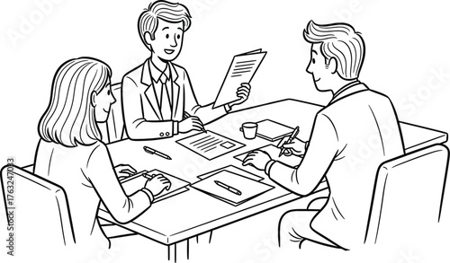 A black and white line drawing depicts a business meeting with three people seated around a table. One person, in the center, appears to be leading the discussion, holding a document and gesturing. 