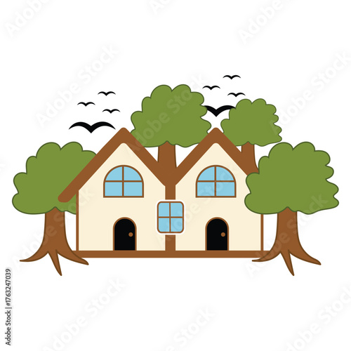 Eco Friendly House with Trees and Birds Vector Illustration.