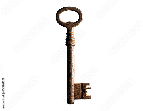 A detailed image of an antique, rusty key against a stark, black background