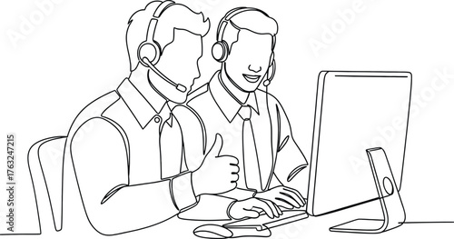 A minimalist, hand-drawn style vector illustration depicting two call center agents working at computers. One agent is giving a thumbs-up gesture, suggesting satisfaction or success. 