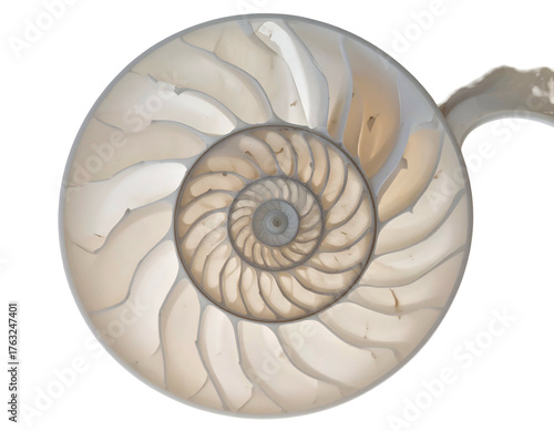 Cross-section of a spiral shell, revealing chambers and iridescent textures