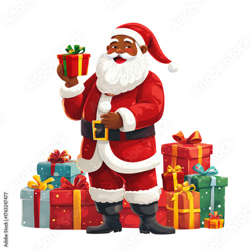 a cheerful black santa claus stands before a colorful stack of christmas gifts, holding one aloft with a warm smile.