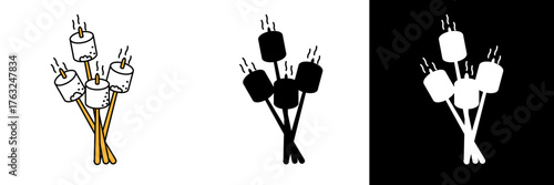 Vector illustration of roasted marshmallows on sticks over a campfire, shown in color, black, and white styles. Symbol of camping, bonfire, outdoor cooking, and leisure. Perfect for camping logos, etc