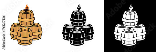 Flat vector illustration of stacked wooden barrels with a burning fuse on top, representing danger, explosion, or risk. Available in color, black, and white versions. Perfect for game assets, warning 
