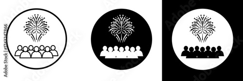 Flat vector of a group of people watching fireworks in a circle frame, representing celebration, unity, and teamwork. Suitable for party, event, or community illustration.
