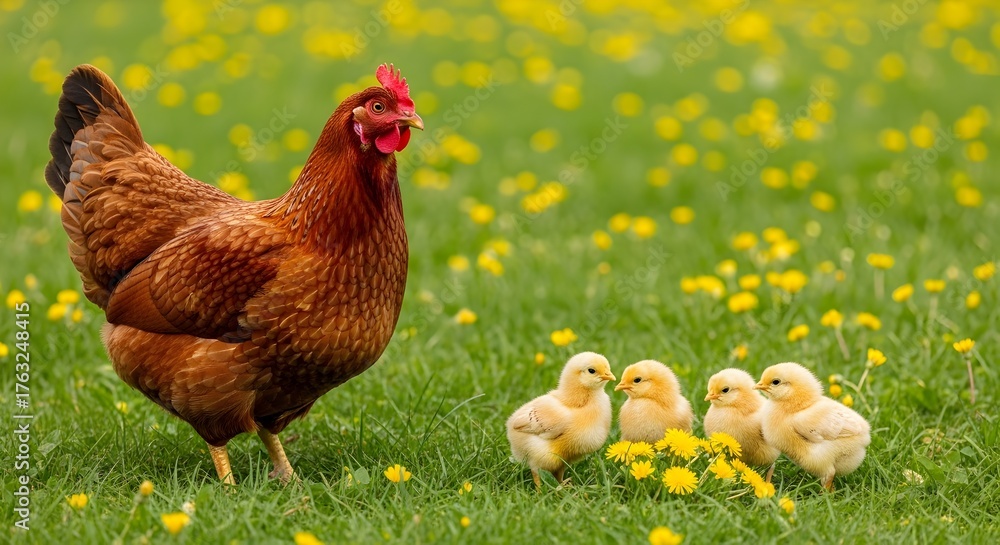 Fototapeta premium Mother Hen and Her Chicks: A heartwarming scene showcasing a protective mother hen standing watch over her fluffy chicks in a vibrant meadow dotted with charming yellow wildflowers.