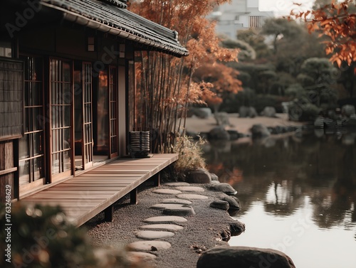 Wooden veranda overlooking pond and autumn garden
