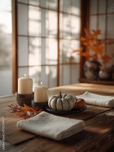 Cozy Japanese interior with soft candlelight and pumpkins — serene thanksgiving still life symbolizing calm gratitude and inner balance