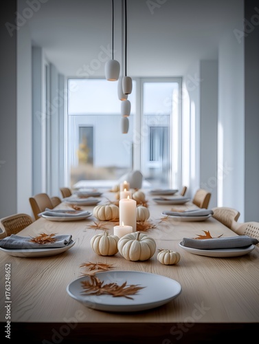 Modern dining table with white pumpkins and candles in sunlight