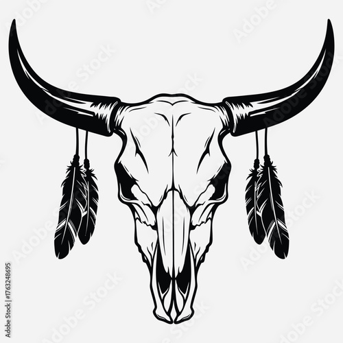 Stylized monochromatic illustration of a powerful bovine skull adorned with traditional feathers, embodying wild spirit, western heritage, and desert strength for design projects
