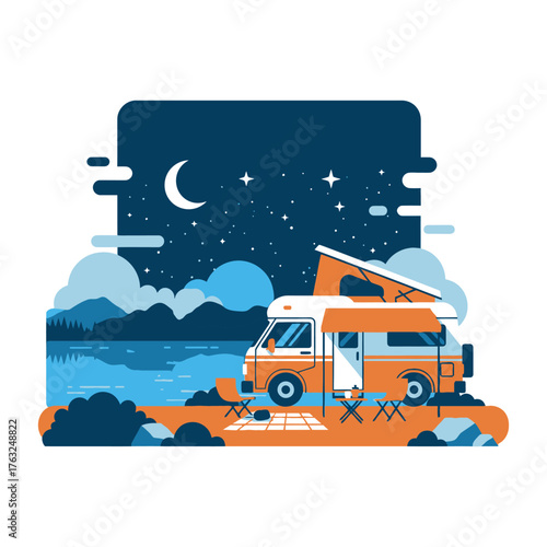 Vintage camper van parked by the lake at night under a starry sky with a crescent moon