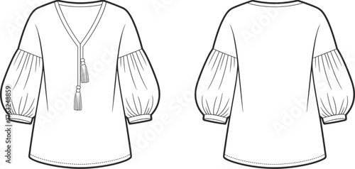Blouse technical fashion sketch, V-neckline, tassel tie, puff sleeve, curved hem, fitted cuff, cad drawing flat vector illustration