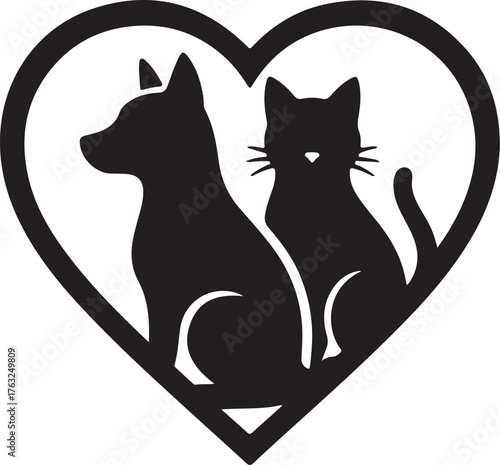 Cat and dog silhouettes combined inside a heart shape, black on white, pet care theme
