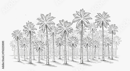 Artistic monochrome sketch of a dense grove of majestic palm trees
