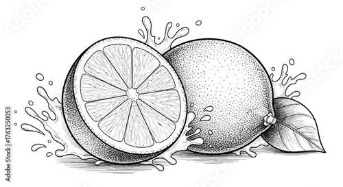Artistic rendition of fresh citrus fruit with water splash illustration
