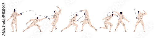 Set of foil, sabre or epee fencing duel. Fencers with swords are fight. Swordsmen in protective costumes. Athletes in combat sport competition. Flat isolated vector illustration on white background