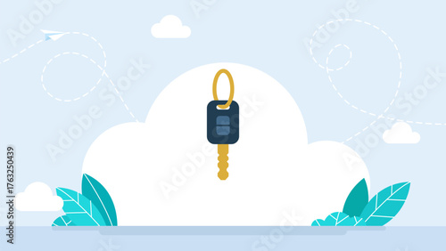 Car key with remote control. Charm of the alarm system. Black car remote key. Car key icon, door system safety automobile web design, unlock button. Vector illustration
