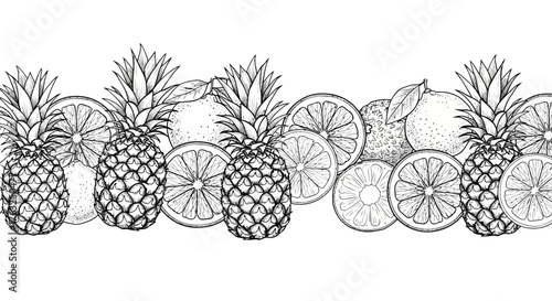 Detailed hand-drawn monochrome sketch of pineapple and orange arrangement