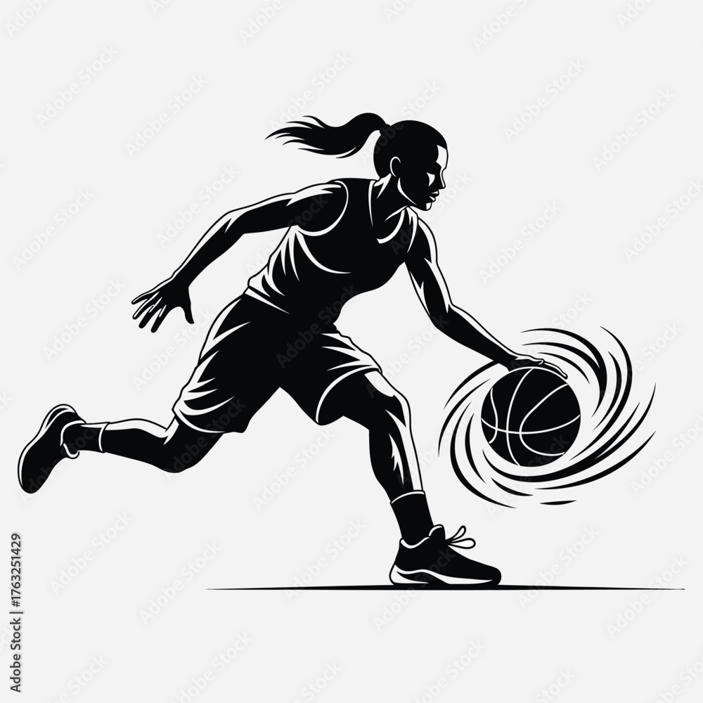 Fototapeta premium Dynamic action silhouette of a female basketball player dribbling the ball. Stylized vector graphic of a woman athlete in motion
