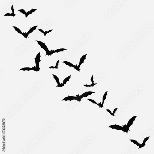 Dynamic silhouette illustration of a flock of flying bats, perfect for eerie and nocturnal-themed designs, evoking Halloween and spooky atmospheres