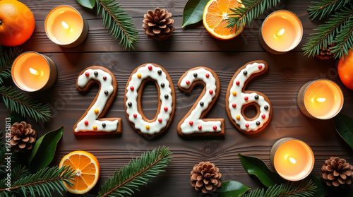Top-down flat lay of rustic Christmas composition featuring peeled tangerines, glowing candles, pine cones, fir twigs, and gingerbread cookies shaped as 2026 digits