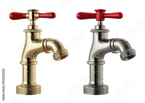 Two detailed water faucets, one gold and one silver, each with a red handle, set against black