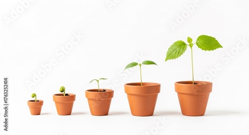 Isolated Seedlings Growing in Pots on Plain White Background - Growth Concept