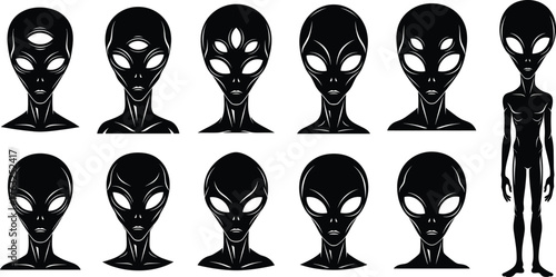 Alien silhouette set, black vector icons of extraterrestrial heads and full-body figure, isolated clipart for sci-fi, fantasy, concept art, design