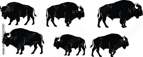 American bison silhouette vector, black and white wildlife clipart, standing and walking poses, shaggy buffalo design, outlined style, nature, animal, rustic