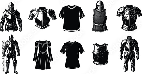 Armor and clothing silhouette vector, medieval suit, modern shirt, historical fashion clipart, black and white design, outlined style, decorative, educational