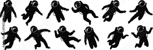 Astronaut silhouette set, space suit poses, floating and walking spacemen, black vector icons, zero gravity movement, isolated clipart for science, education, animation