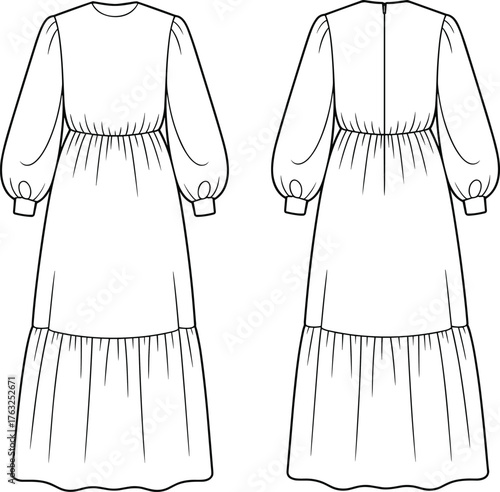 Long sleeve tiered maxi dress technical sketch, bishop sleeve fashion flat, garment construction drawing, cad drawing flat vector illustration