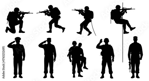 Military Soldiers Silhouettes Collection Combat Poses Salute Positions Rescue Operation Climbing