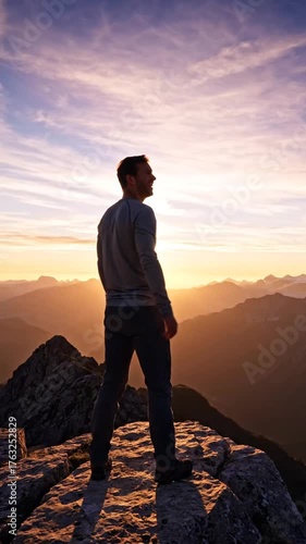 Man reaching arms out on mountain peak at sunset freedom concept