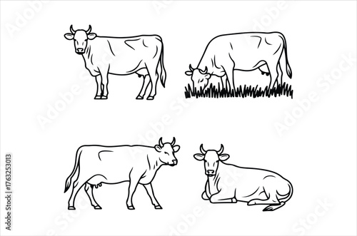 Simple black and white sketch depicting four grazing cows in a field