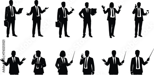 Business professional silhouette set, black vector icons with office tools and gestures, isolated clipart for corporate, communication, teamwork, workplace, design
