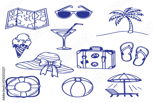 summer vacation and travel doodle icons vector set, hand-drawn beach holiday elements collection in blue ink.