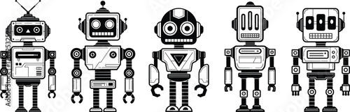 Cartoon robot silhouette vector illustration, black and white mechanical clipart, unique character designs, outlined style, bold, graphic, retro, futuristic, playful