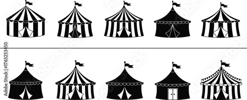 Circus tent silhouette set, black and white vector icons with unique roof shapes and flags, isolated clipart for festival, carnival, design, entertainment