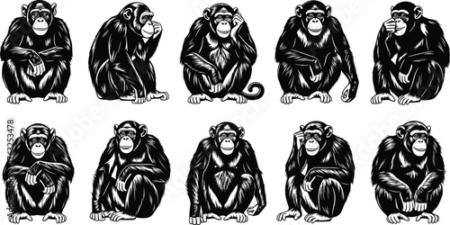 Chimpanzee silhouette set, expressive seated poses, black vector icons, thoughtful gestures, isolated clipart for emotion, behavior, psychology, education, design