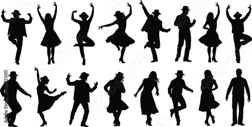 Dancing people silhouettes collection, men and women performing energetic dance moves, stylish retro vector illustration for music party, festival, or dance studio design