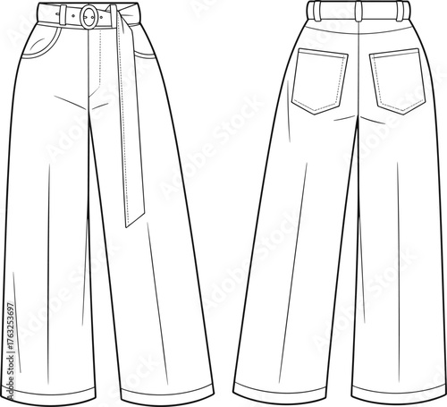 Wide leg cuffed pants technical sketch, belt with buckle, patch pockets, fashion flat, garment construction, cad drawing flat vector illustration