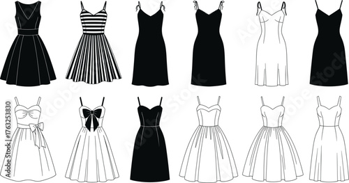 Dress silhouette vector illustration, black and white fashion clipart, varied styles and necklines, elegant design elements, outlined, modern, classic, decorative