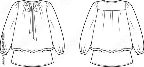 Women's blouse technical fashion sketch, scalloped hem top flat drawing, puff sleeve garment design, cad drawing flat vector illustration