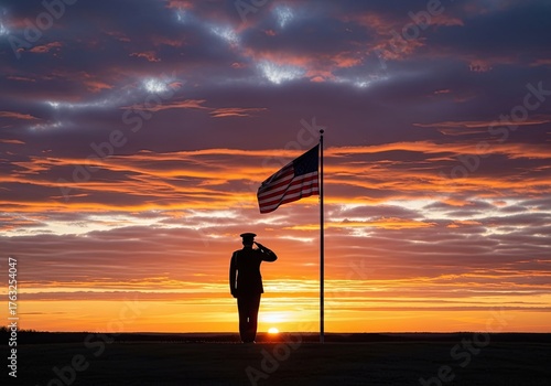 Photo of silhouette of a saluting soldier standing before an american flag at sunset, honoring veterans day with solemn respect and patriotic reflection